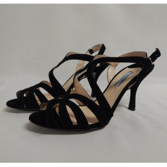Prada Suede Strappy Cut out Heel Sandal 39 M Black 1XP580 New w/ Box - Picture 1 of 5